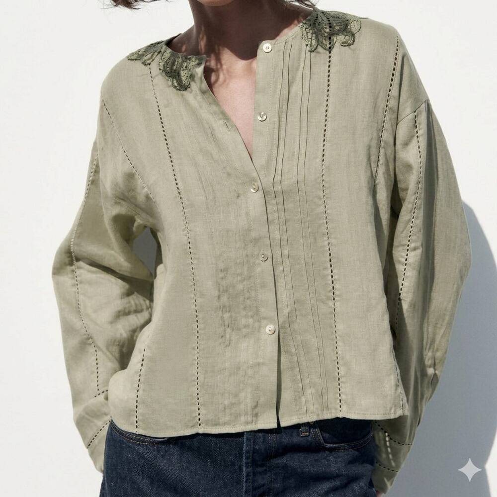 Zara Passementerie Ramie Eyelet Button Front Long Sleeve Shirt Top Sage Medium